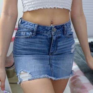 hollister mid rise denim frayed ripped skirt
